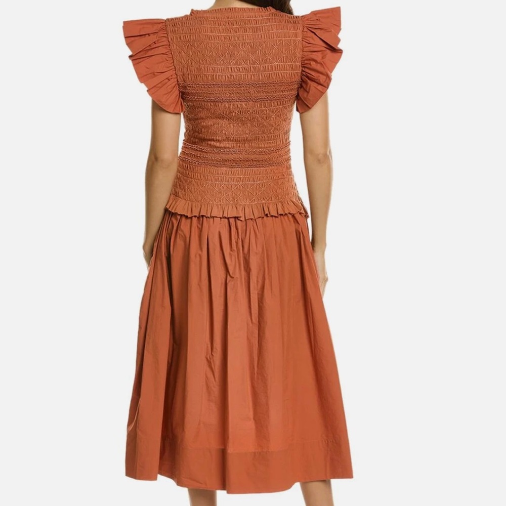 ULLA JOHNSON Madeline ruffled smocked cotton-jersey midi dress size 8 - Picture 2 of 11